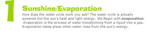 1. Sunshine/Evaporation How does the water cycle work you ask? The water cycle is actually powered by the sun's heat and light energy. We begin with evaporation. Evaporation is the process of water transforming from a liquid into a gas. Evaporation takes place when water rises from the sun's energy.